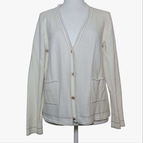 $5 SALE Taranko Waffle Knit Cardigan Sweater Gold Buttons Classic Chic 42 MD - Picture 1 of 8
